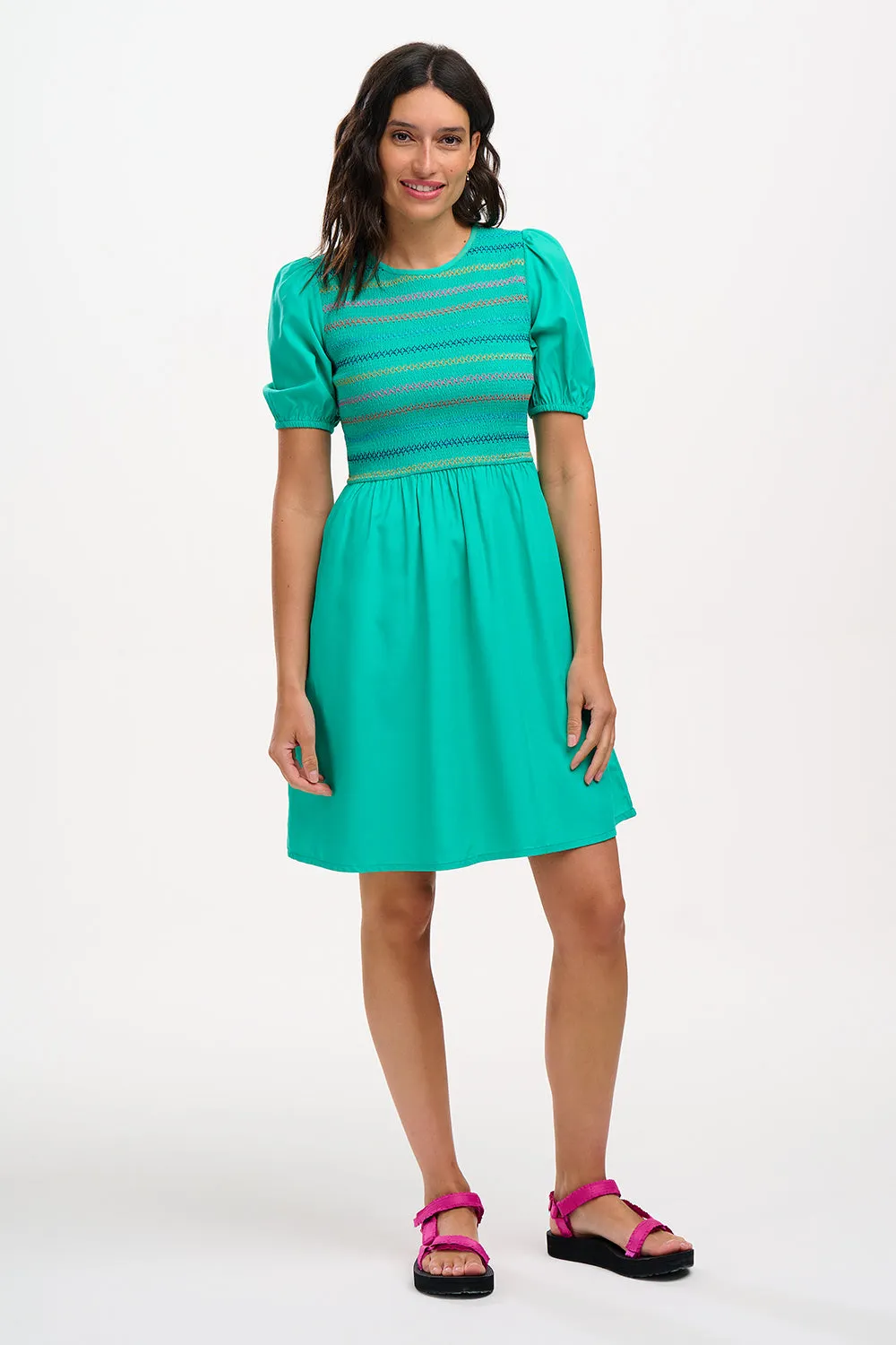 Antoinette Shirred Mini Dress - Green. Rainbow Shirring