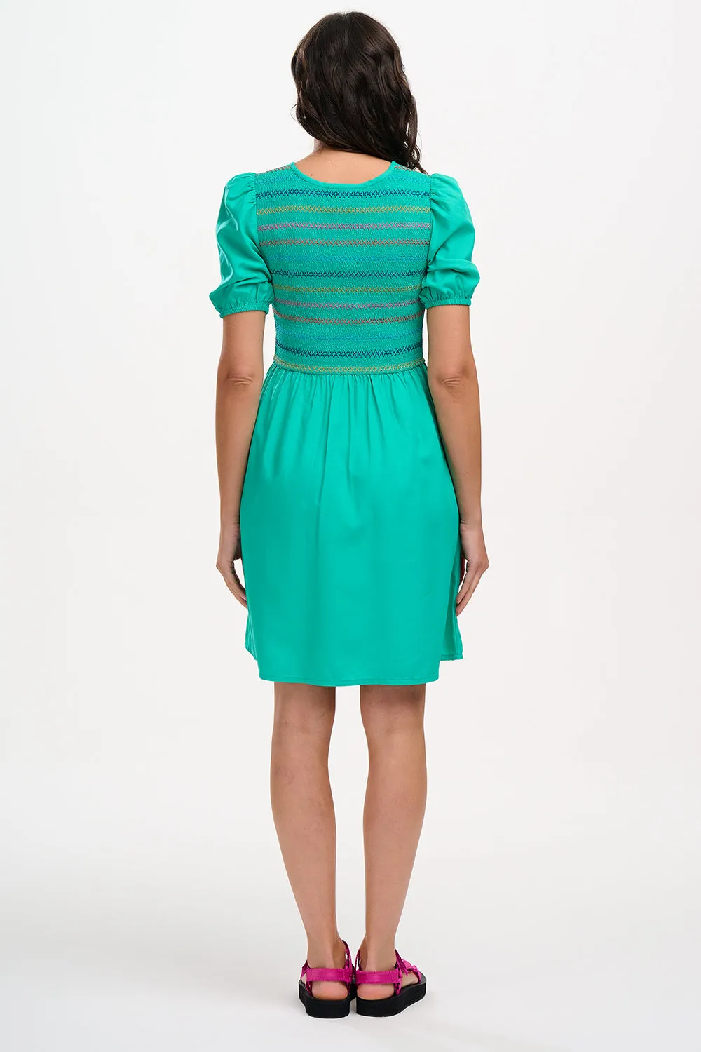 Antoinette Shirred Mini Dress - Green. Rainbow Shirring
