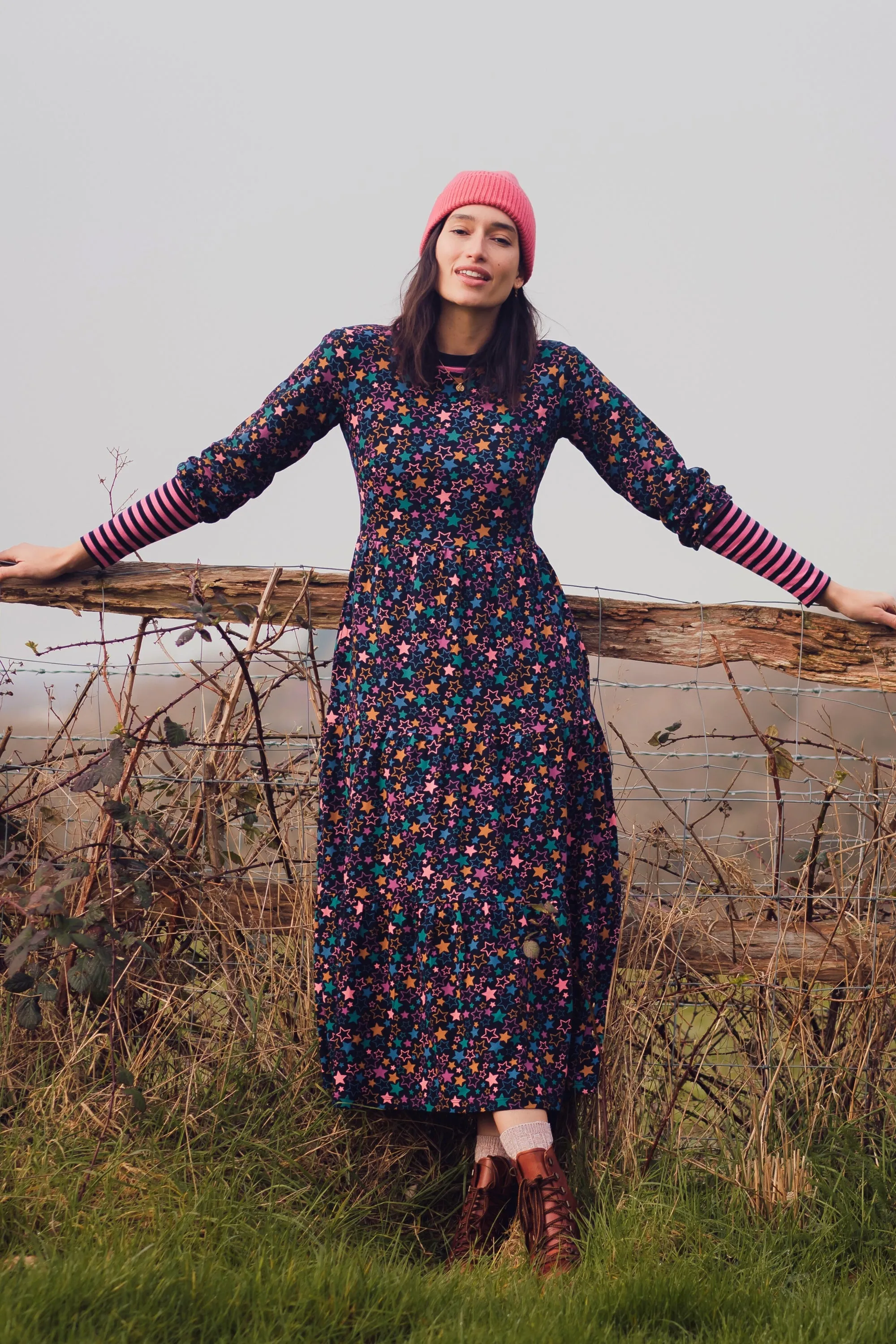 Bakari Jersey Tiered Midi Dress - Black. Star Cluster
