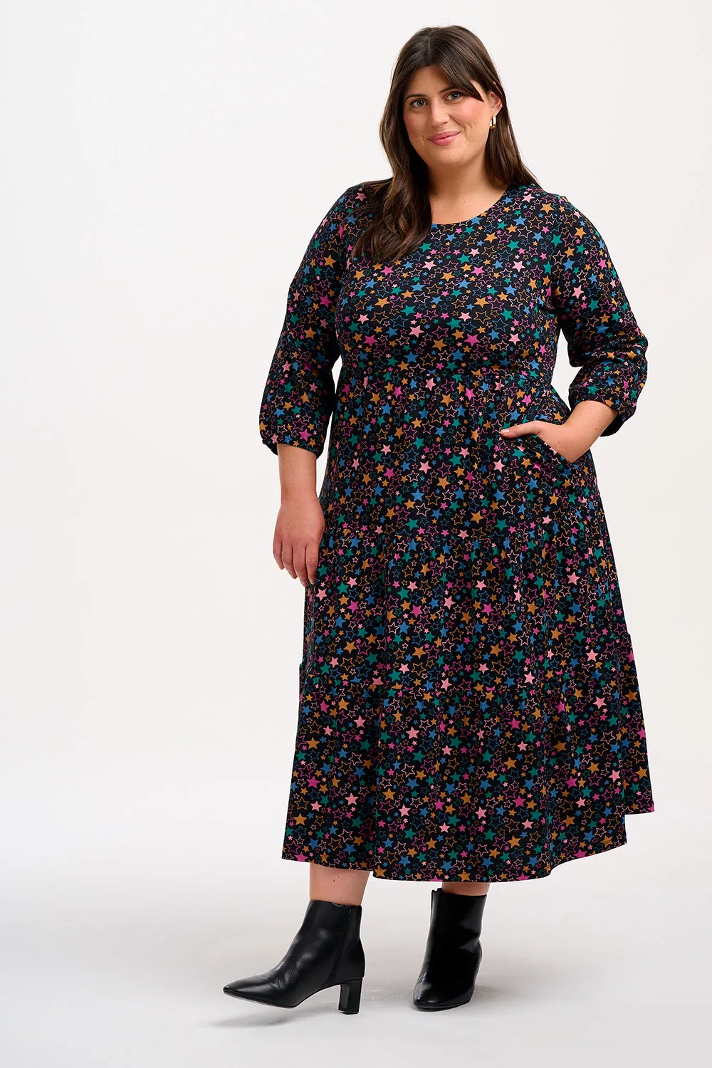 Bakari Jersey Tiered Midi Dress - Black. Star Cluster