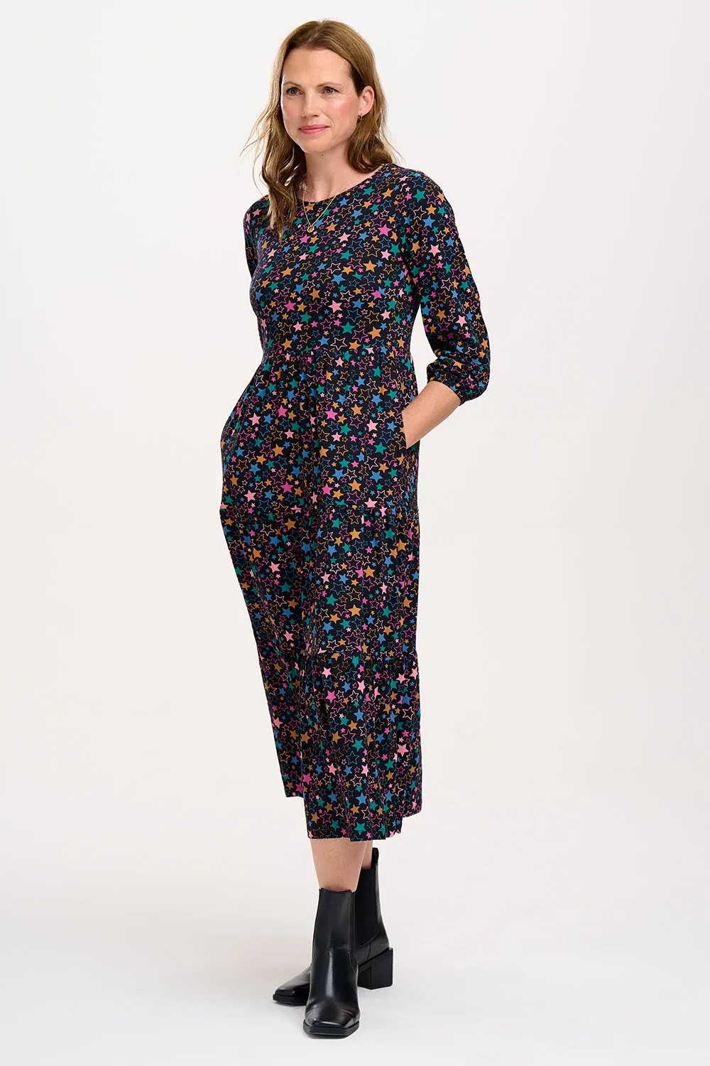 Bakari Jersey Tiered Midi Dress - Black. Star Cluster