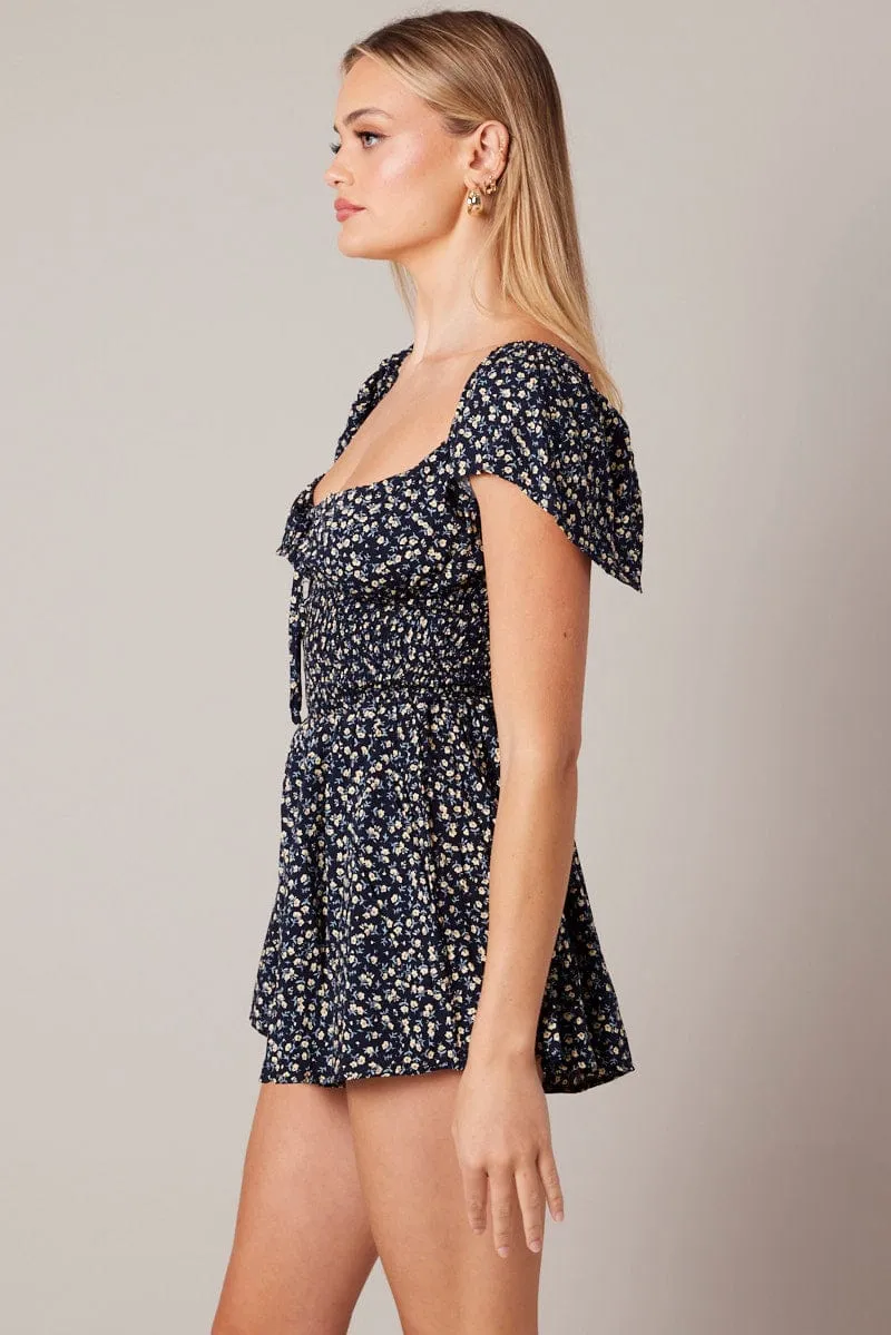 Black Ditsy Shirred Playsuit Short Sleeve Ruched Bust