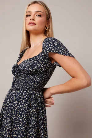 Black Ditsy Shirred Playsuit Short Sleeve Ruched Bust
