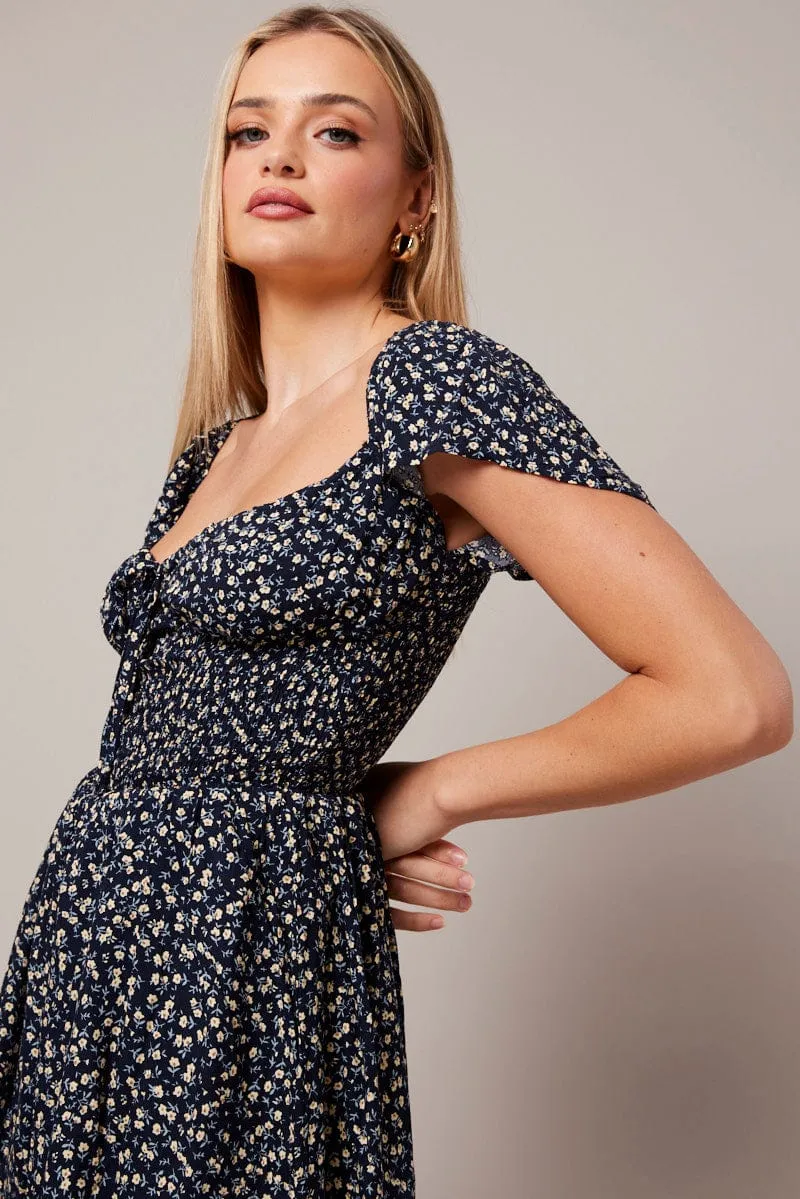 Black Ditsy Shirred Playsuit Short Sleeve Ruched Bust