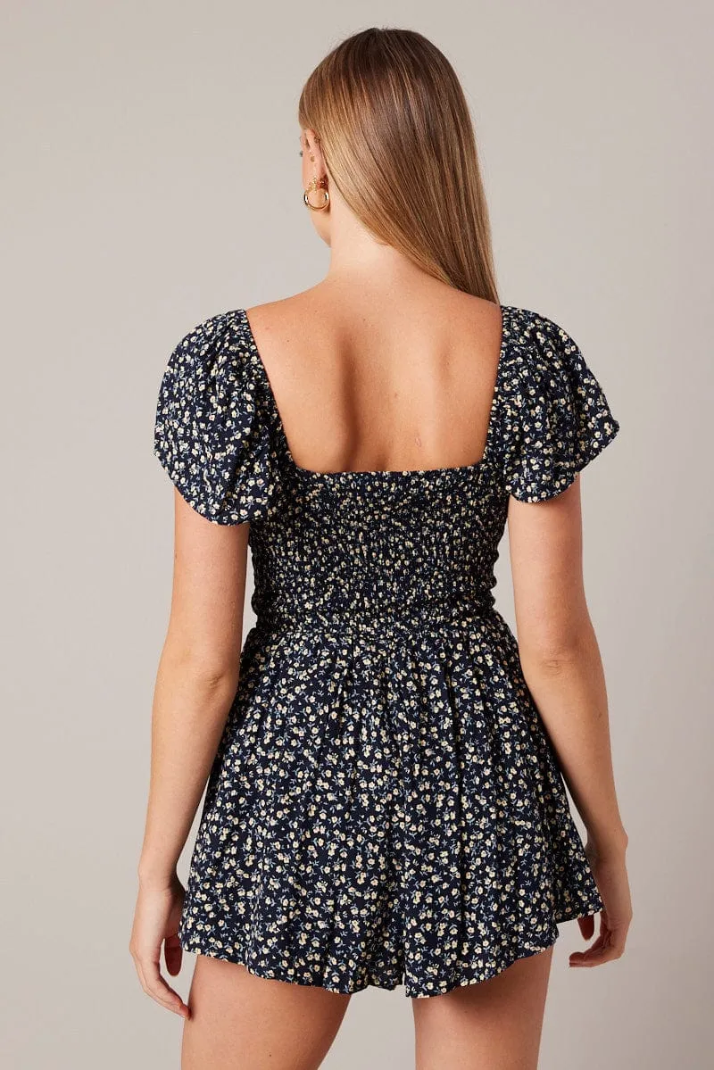 Black Ditsy Shirred Playsuit Short Sleeve Ruched Bust