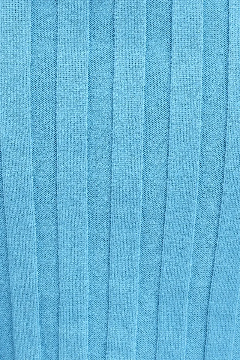 Blue Knit Top Long Sleeve Crop Collared