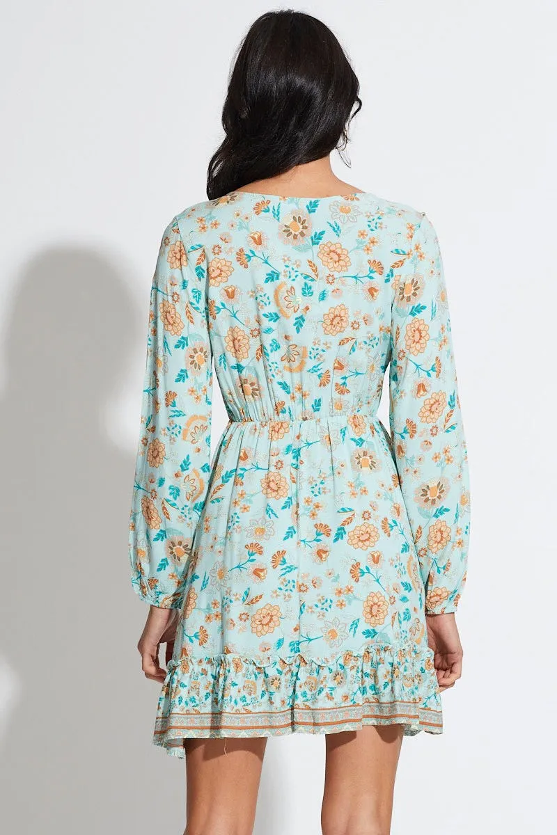 Boho Print Mini Dress Long Sleeve V Neck