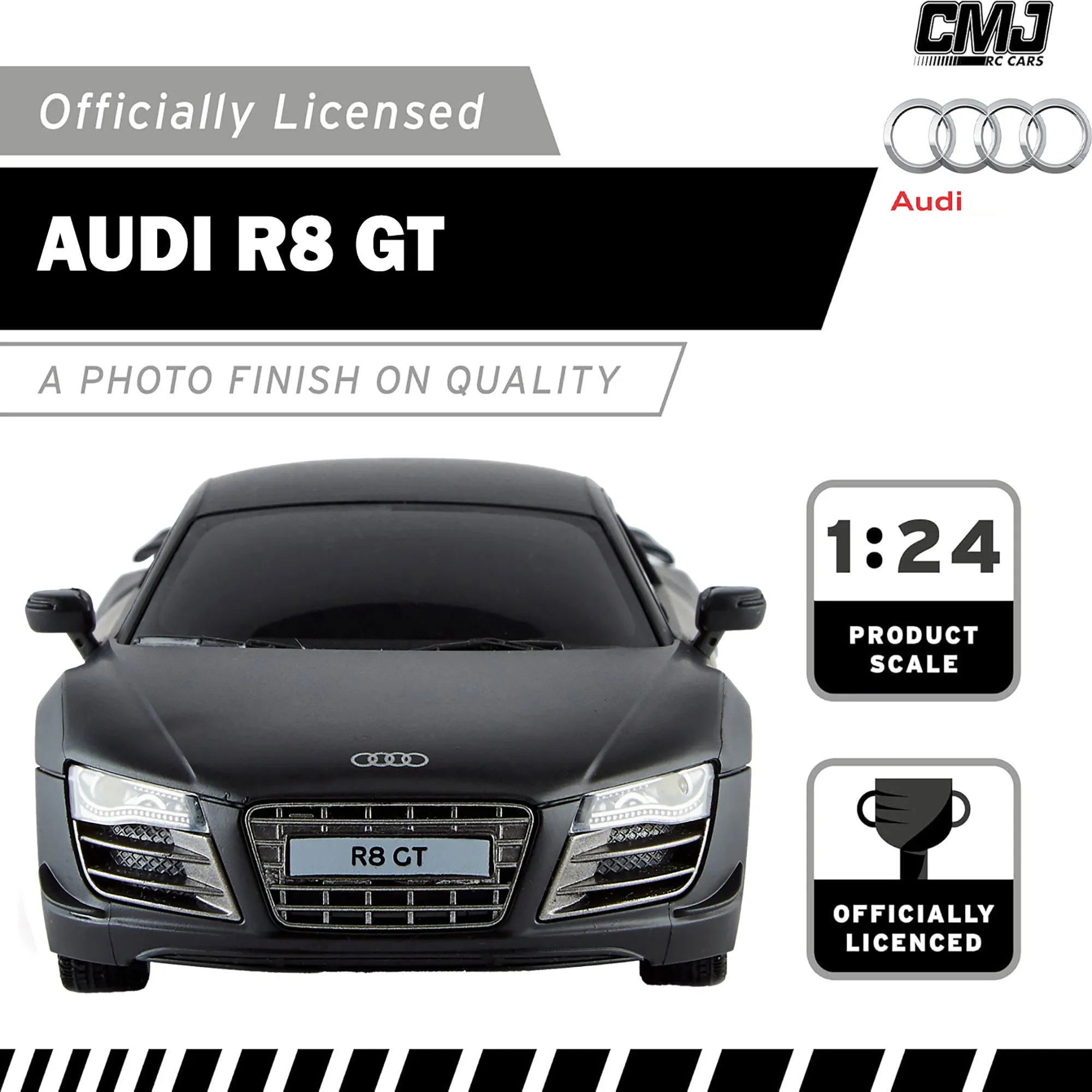 CMJ RC Cars Audi R8 GT - Black - 1:24 Scale Remote Control Car with LED Headlights and 2.4GHz Racing Frequency