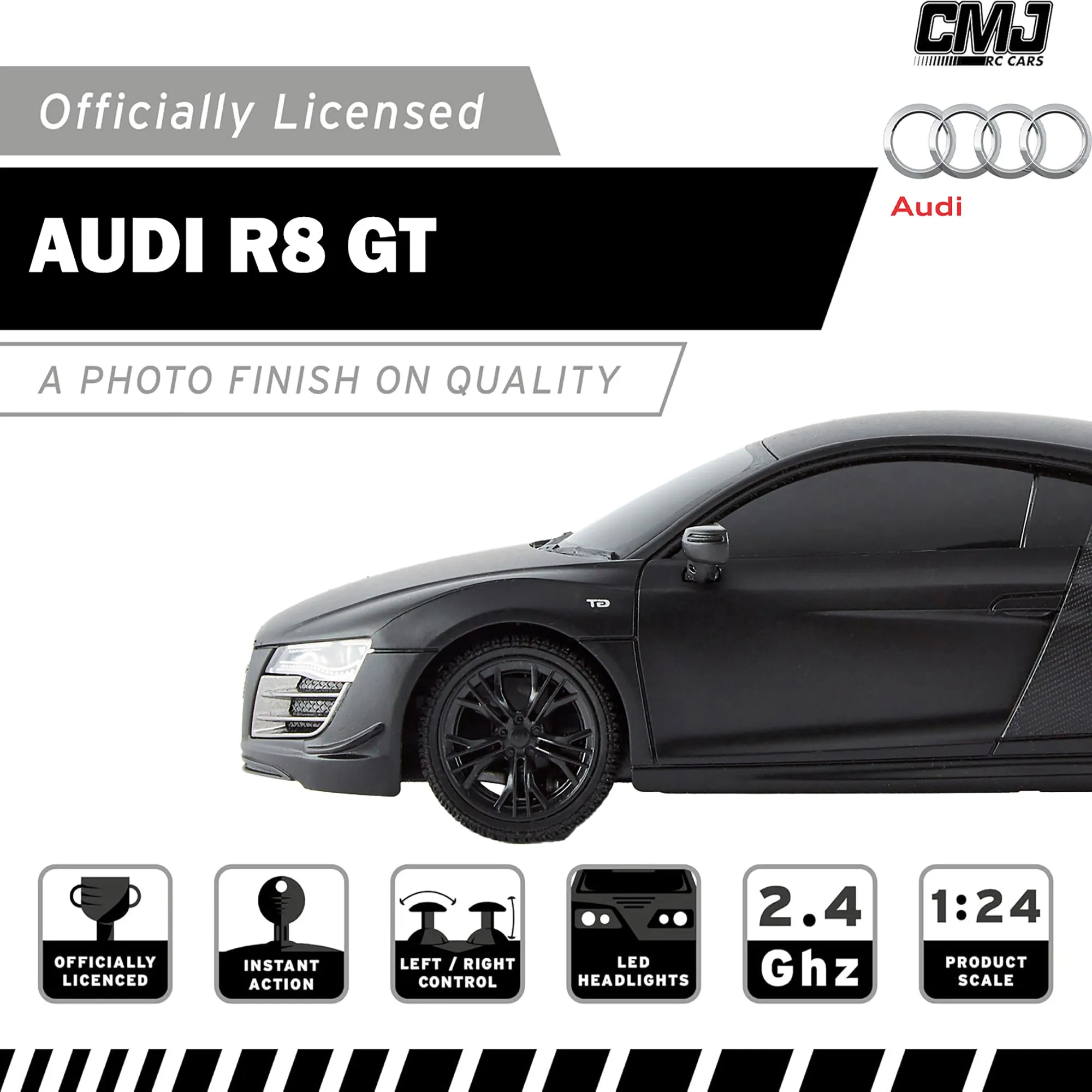 CMJ RC Cars Audi R8 GT - Black - 1:24 Scale Remote Control Car with LED Headlights and 2.4GHz Racing Frequency