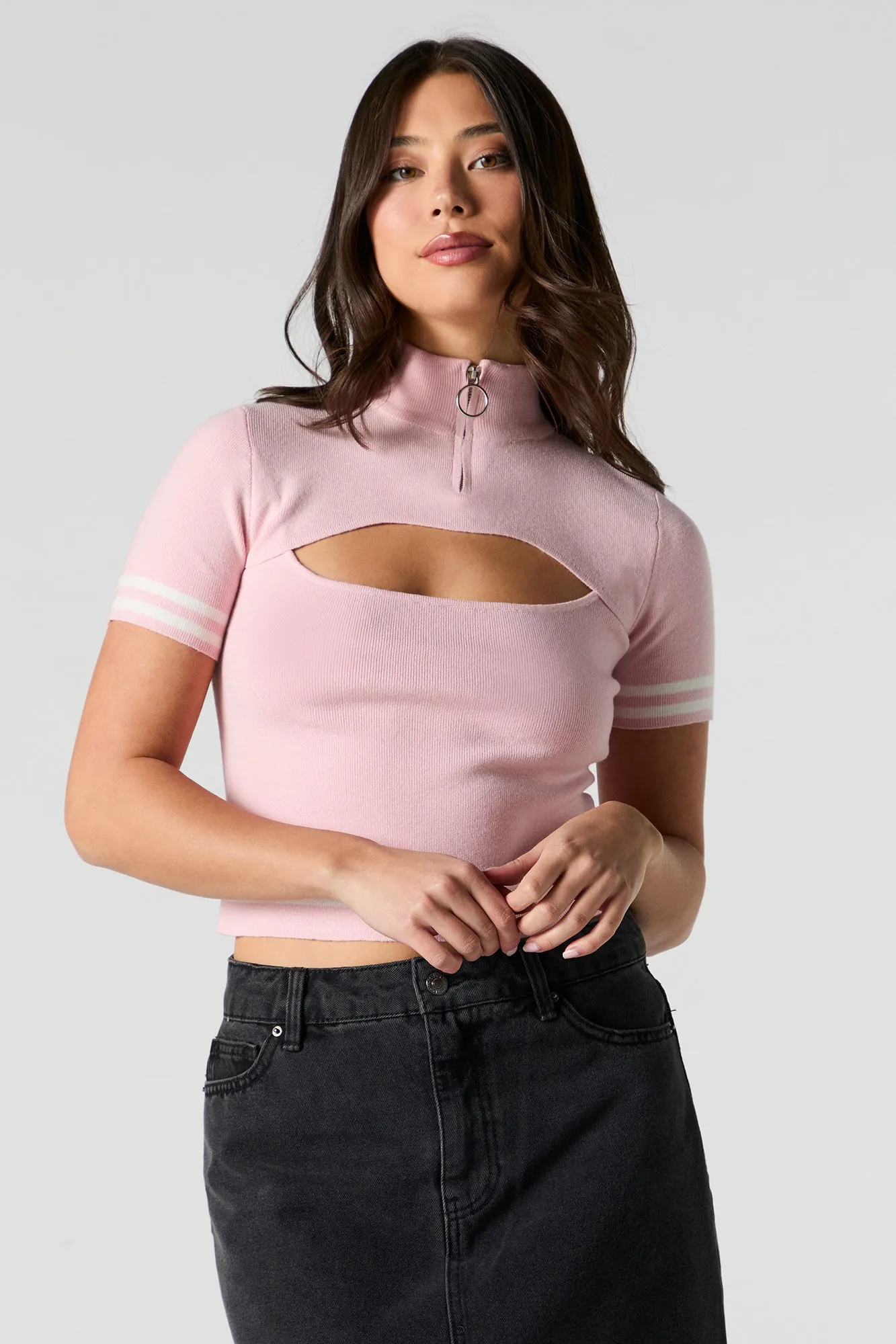 Contrast Striped Mock Neck Short Sleeve Sweater