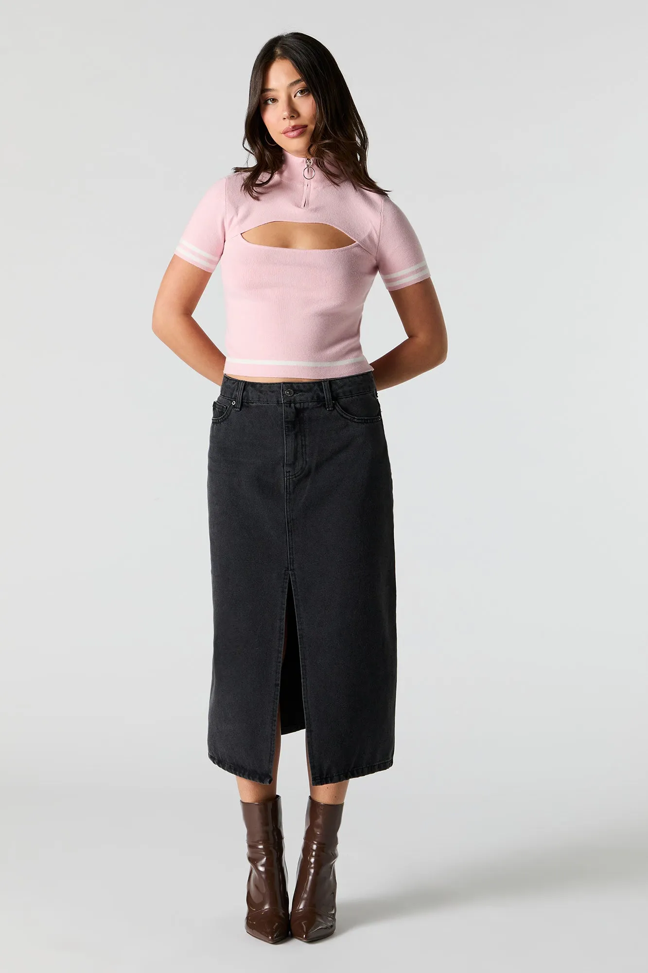 Contrast Striped Mock Neck Short Sleeve Sweater