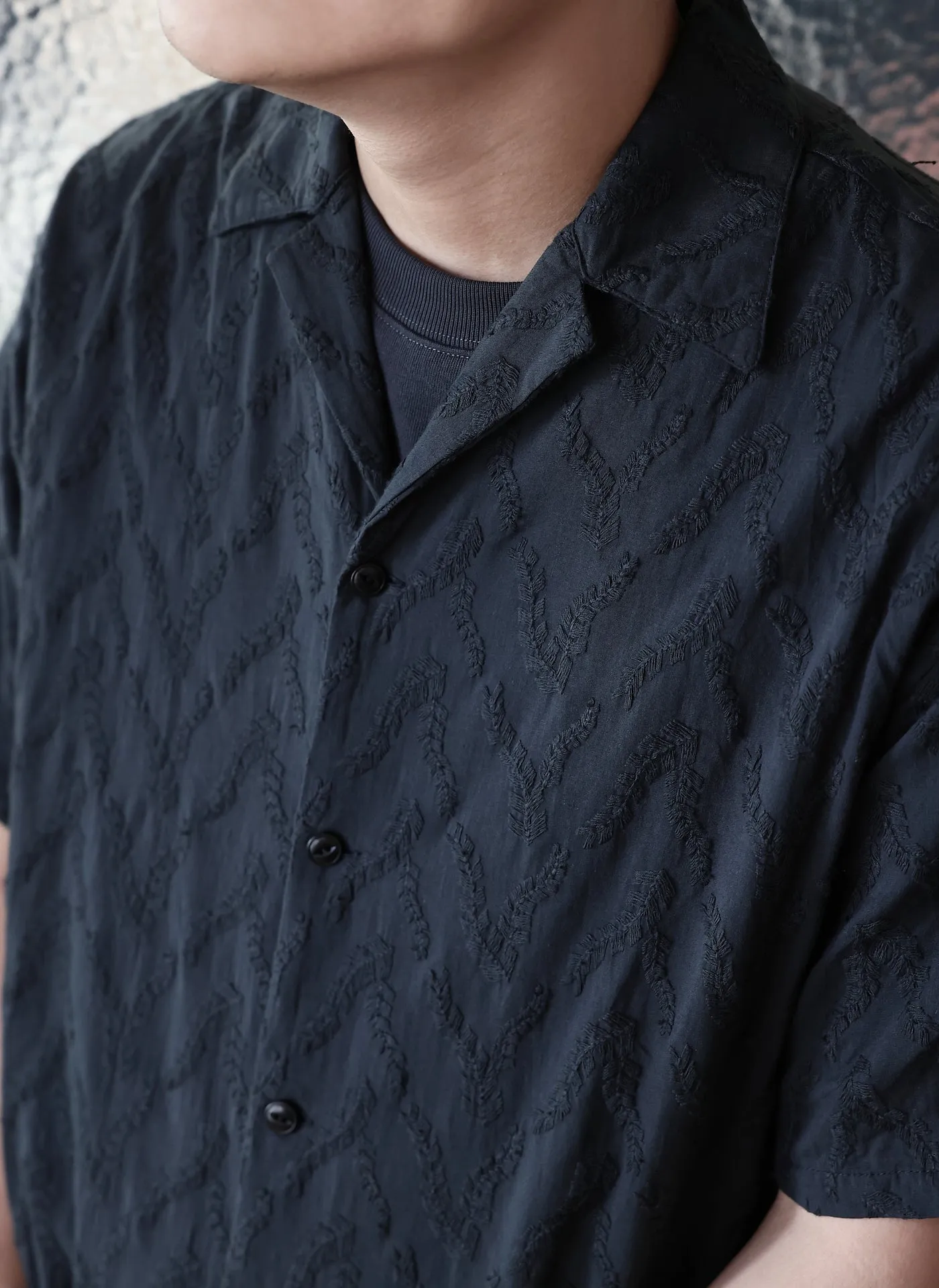 Cotton Embrodiery Open Collar Shirt
