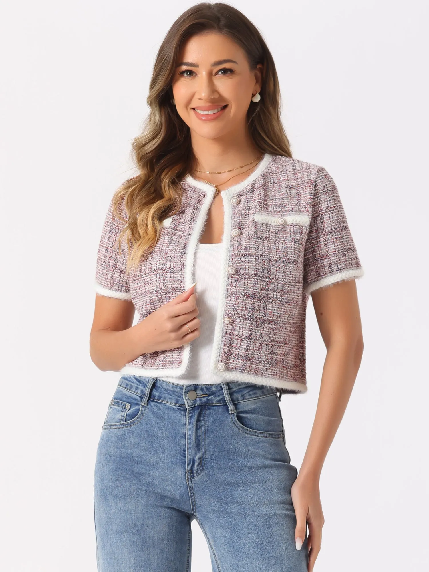 Crew Neck Short Sleeve Cropped Tweed Jacket