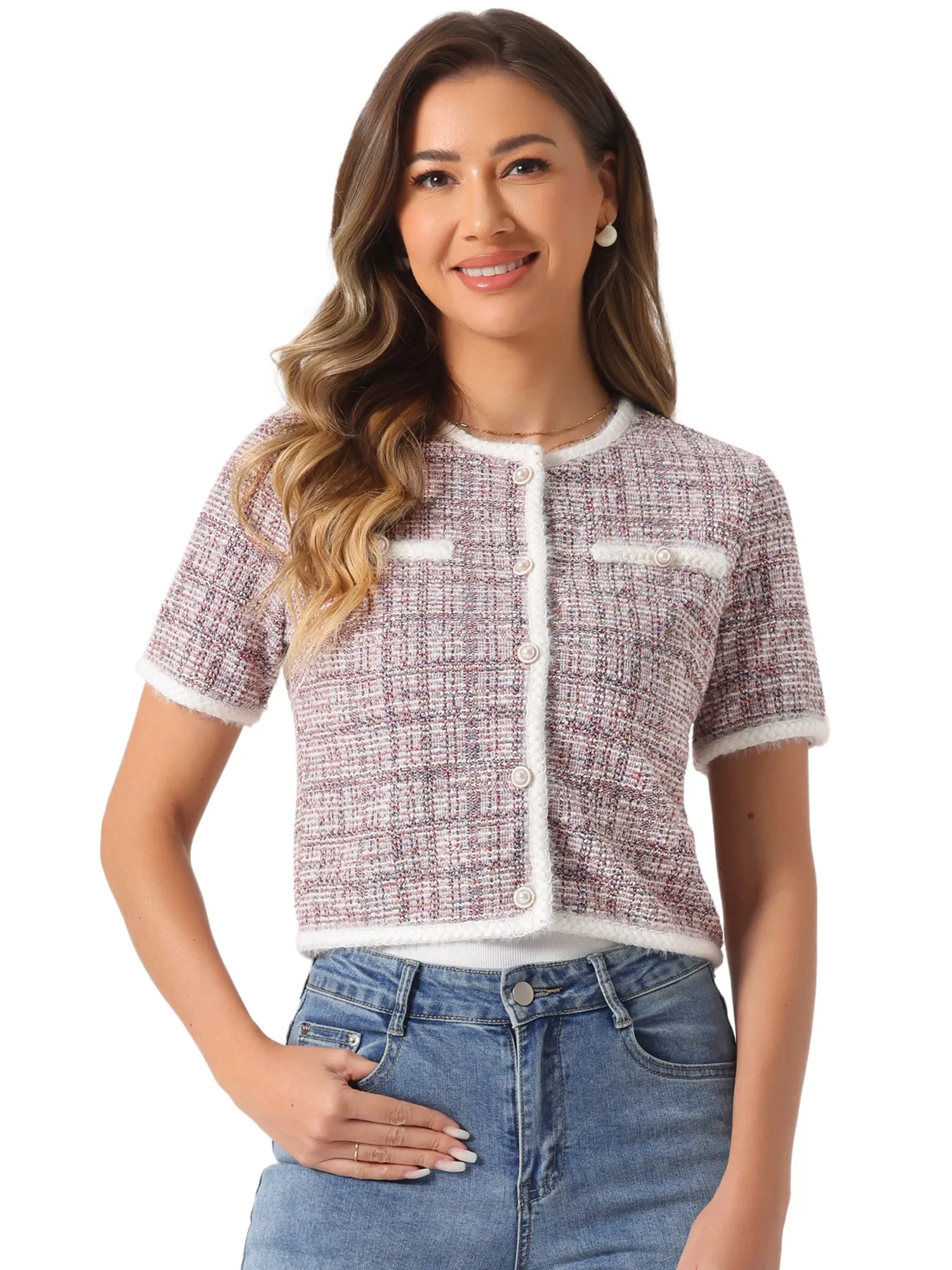Crew Neck Short Sleeve Cropped Tweed Jacket