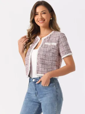 Crew Neck Short Sleeve Cropped Tweed Jacket
