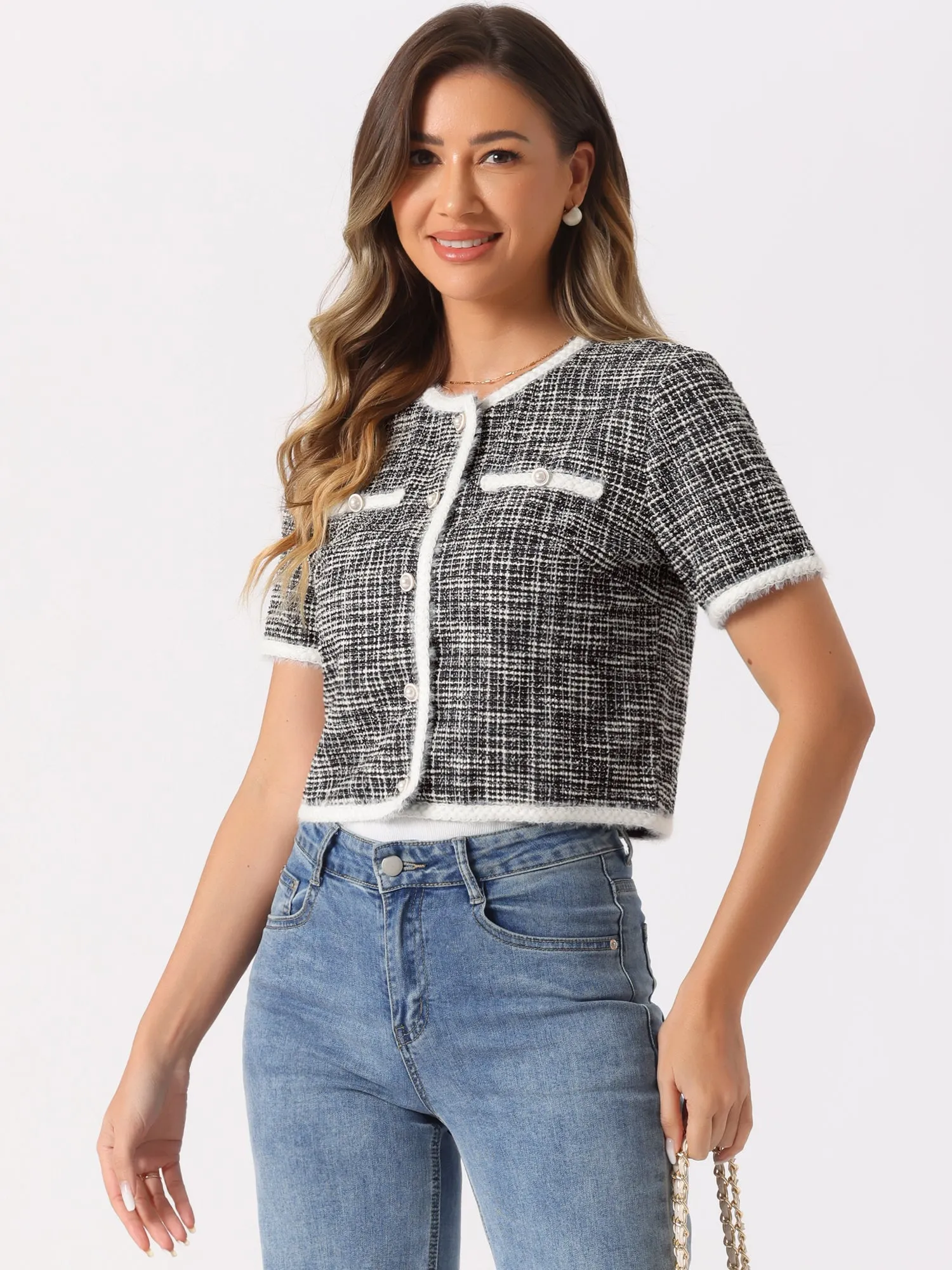 Crew Neck Short Sleeve Cropped Tweed Jacket