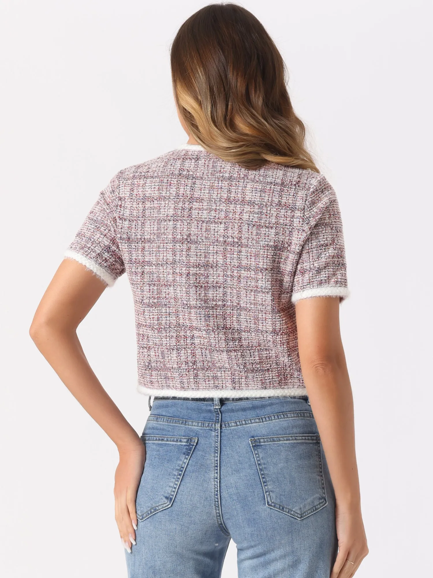 Crew Neck Short Sleeve Cropped Tweed Jacket