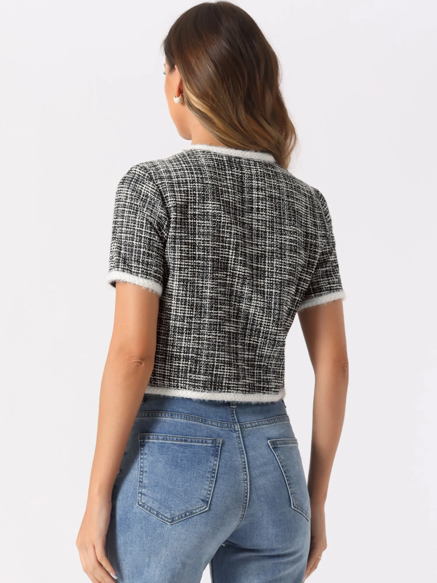 Crew Neck Short Sleeve Cropped Tweed Jacket
