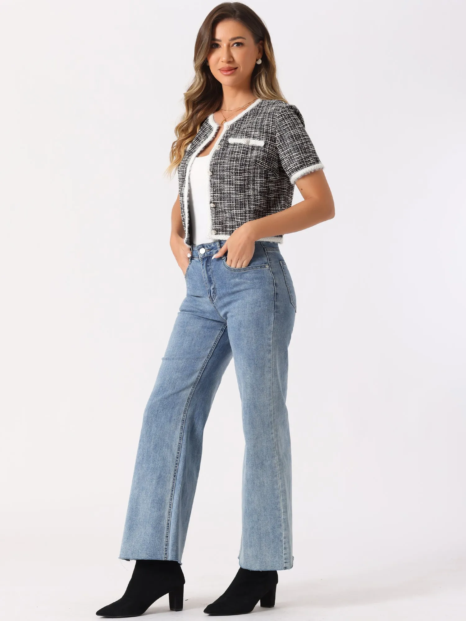 Crew Neck Short Sleeve Cropped Tweed Jacket