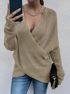 Cross V Neck Solid Color Long Sleeves Casual Sweater
