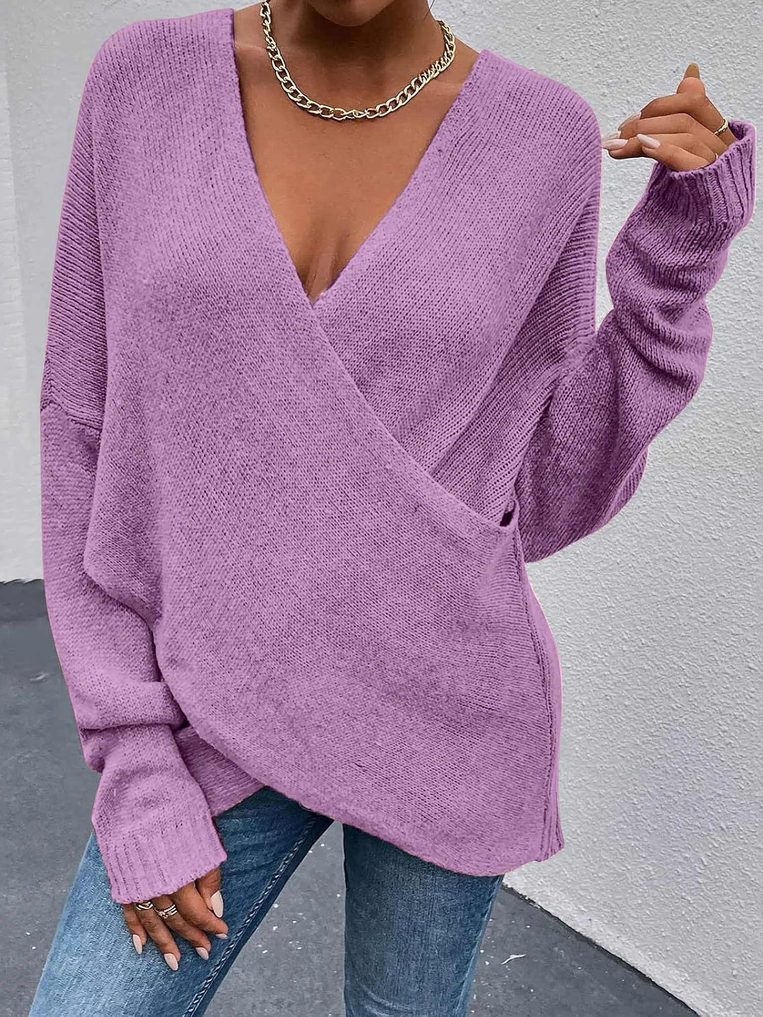 Cross V Neck Solid Color Long Sleeves Casual Sweater