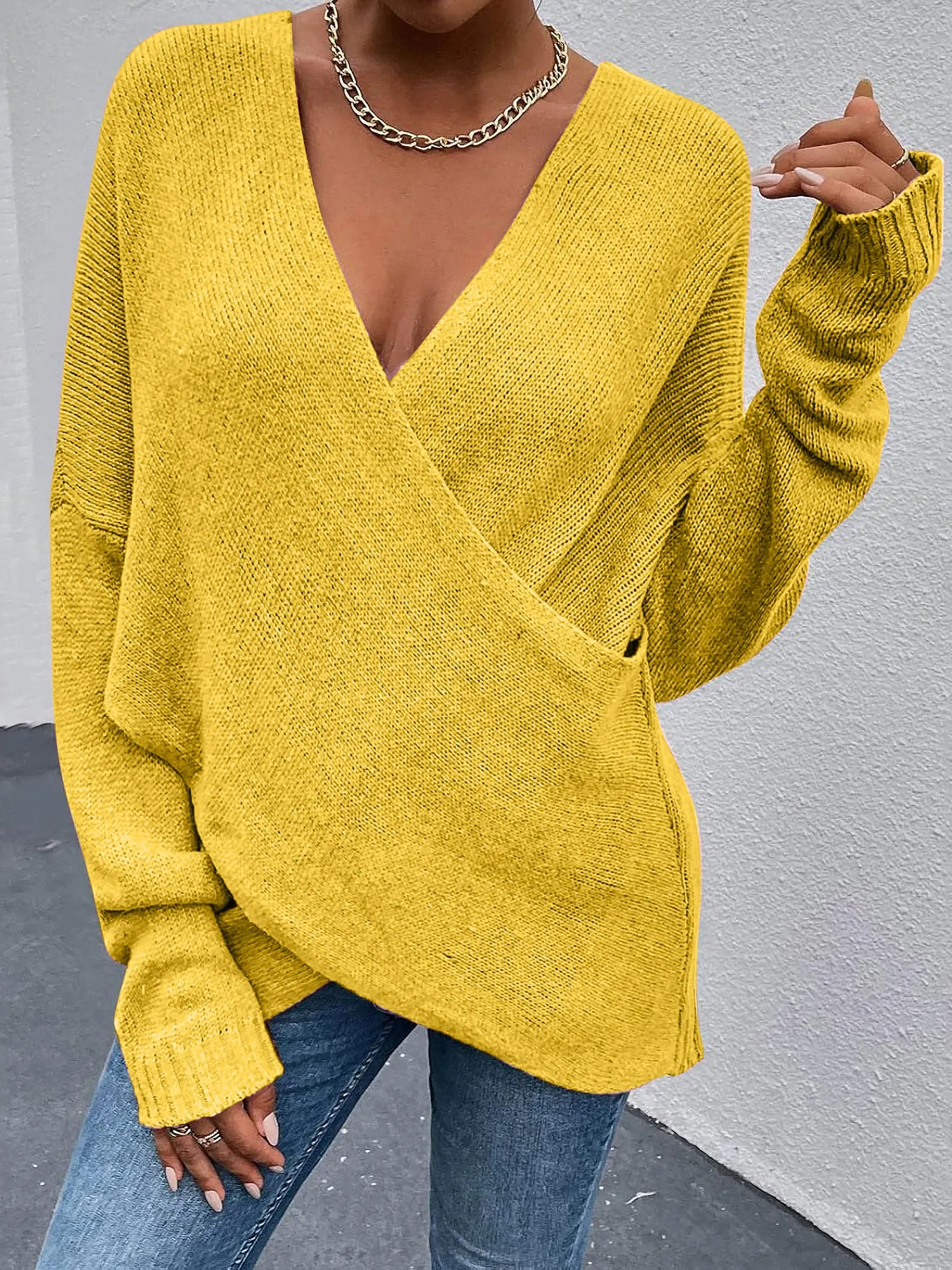 Cross V Neck Solid Color Long Sleeves Casual Sweater