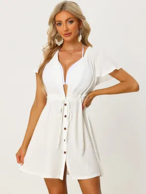 Deep V-Neck Bikini Cover Up Short Sleeve Tie-Front Swing Mini Dress
