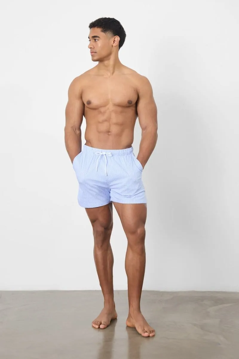 Fine Stripe Swim Short in Pale Blue/White