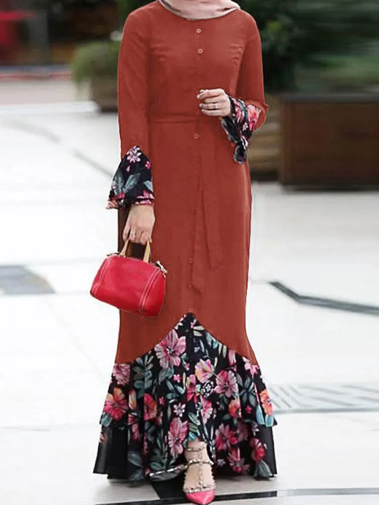 Floral Print Patchwork Mermaid Hem Long Sleeve Lace-up Women Maxi Dress
