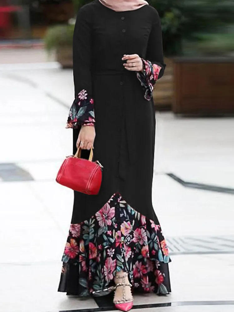 Floral Print Patchwork Mermaid Hem Long Sleeve Lace-up Women Maxi Dress