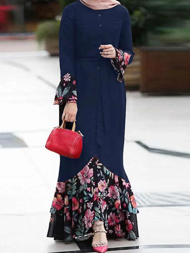 Floral Print Patchwork Mermaid Hem Long Sleeve Lace-up Women Maxi Dress