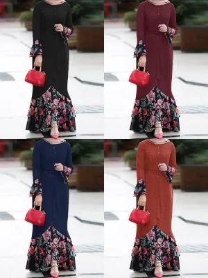 Floral Print Patchwork Mermaid Hem Long Sleeve Lace-up Women Maxi Dress