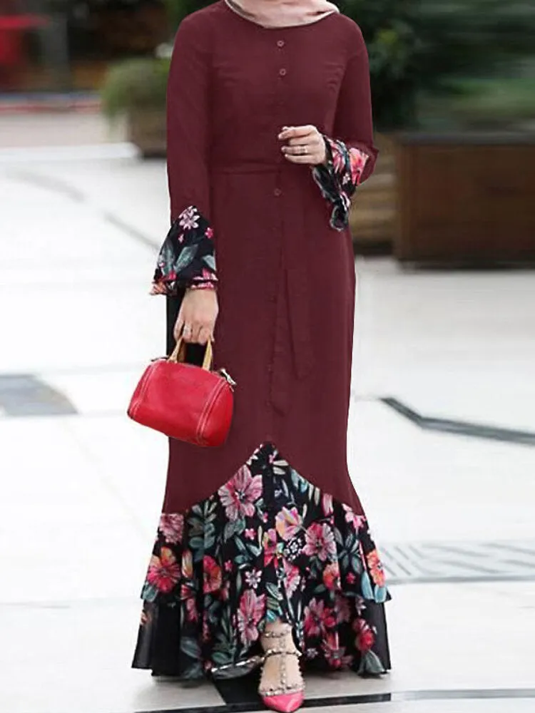 Floral Print Patchwork Mermaid Hem Long Sleeve Lace-up Women Maxi Dress