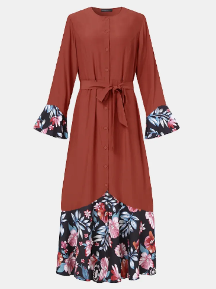 Floral Print Patchwork Mermaid Hem Long Sleeve Lace-up Women Maxi Dress