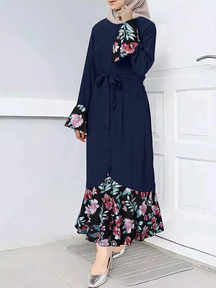 Floral Print Patchwork Mermaid Hem Long Sleeve Lace-up Women Maxi Dress