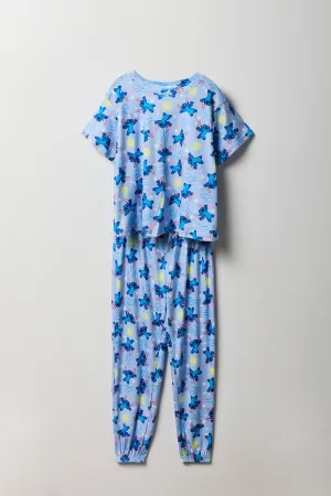 Girls Blue Stitch Print T-Shirt & Pant 2 Piece Licensed Casual Set