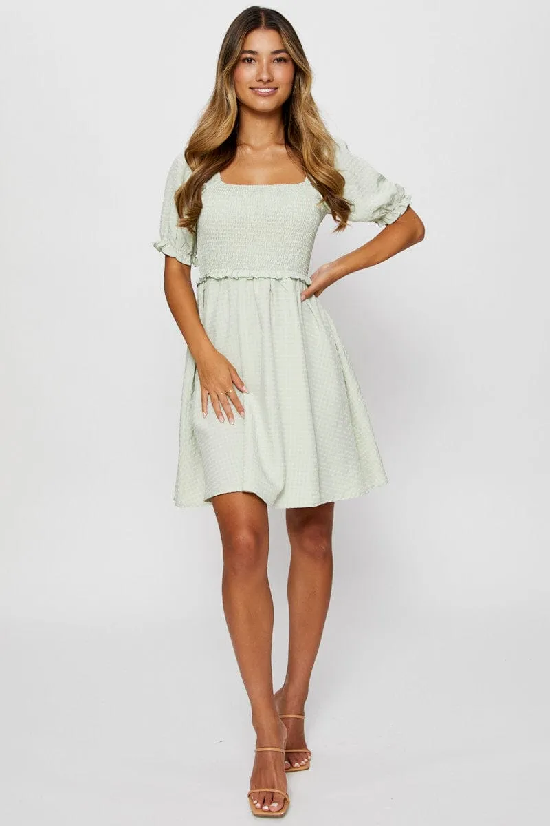 Green Fit And Flare Dress Short Sleeve Square Neck