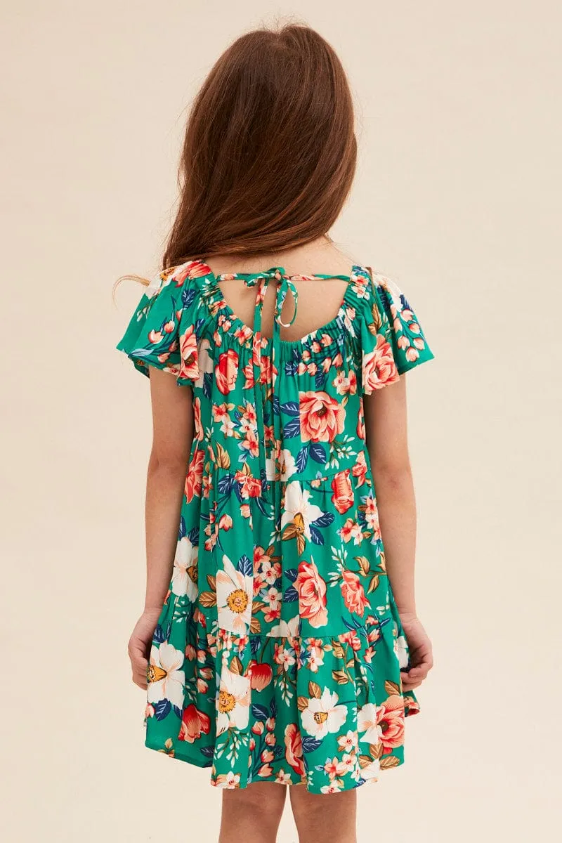 Green Floral Kids Short Sleeve Midi Dress