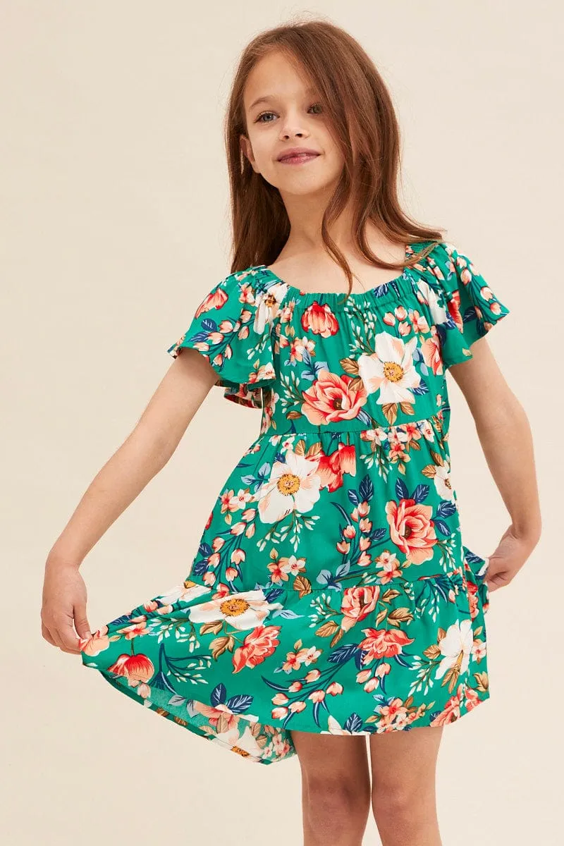Green Floral Kids Short Sleeve Midi Dress