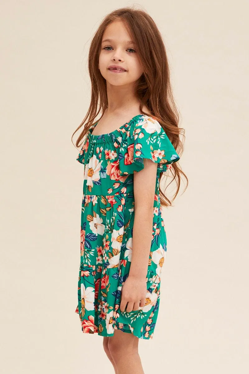 Green Floral Kids Short Sleeve Midi Dress