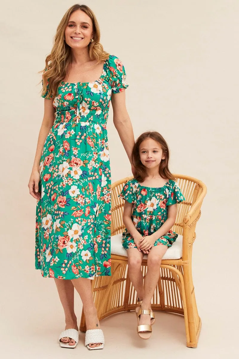 Green Floral Kids Short Sleeve Midi Dress