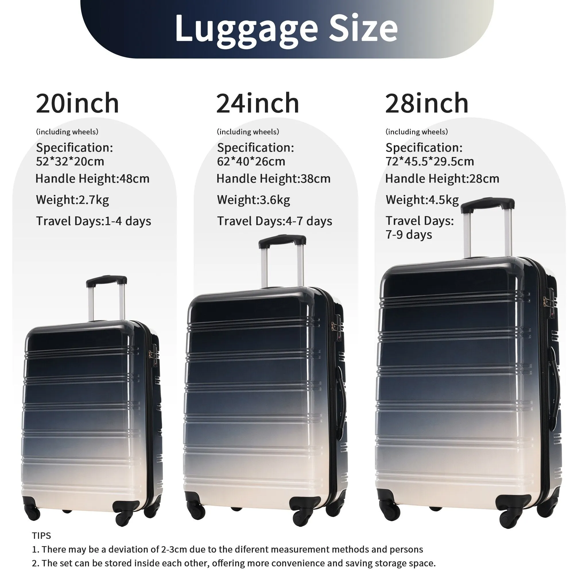 Hardshell Luggage Sets with Silicone Handles and TSA Lock, 3 Piece Gradient Color Expandable Suitcase with Spinner Wheels