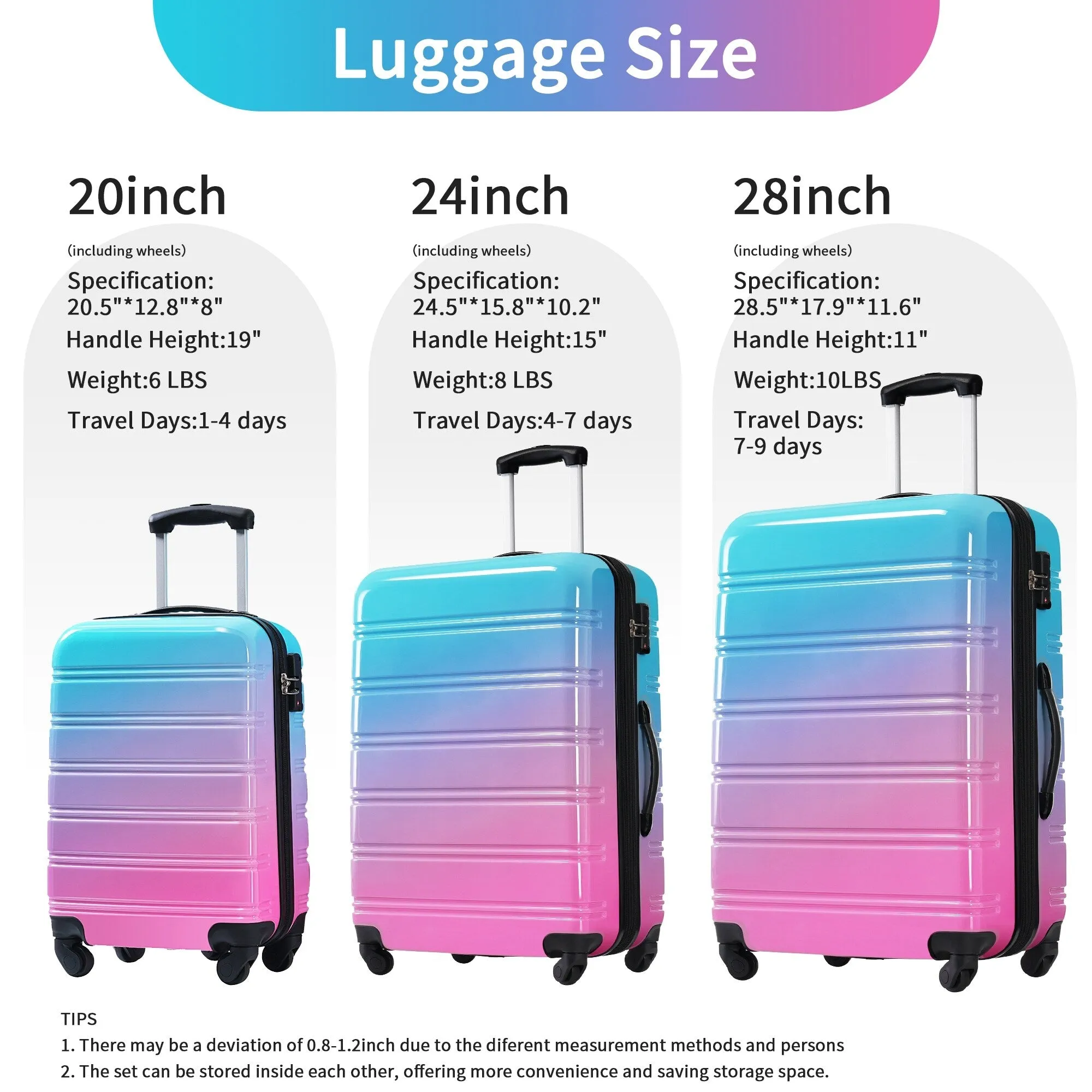 Hardshell Luggage Sets with Silicone Handles and TSA Lock, 3 Piece Gradient Color Expandable Suitcase with Spinner Wheels