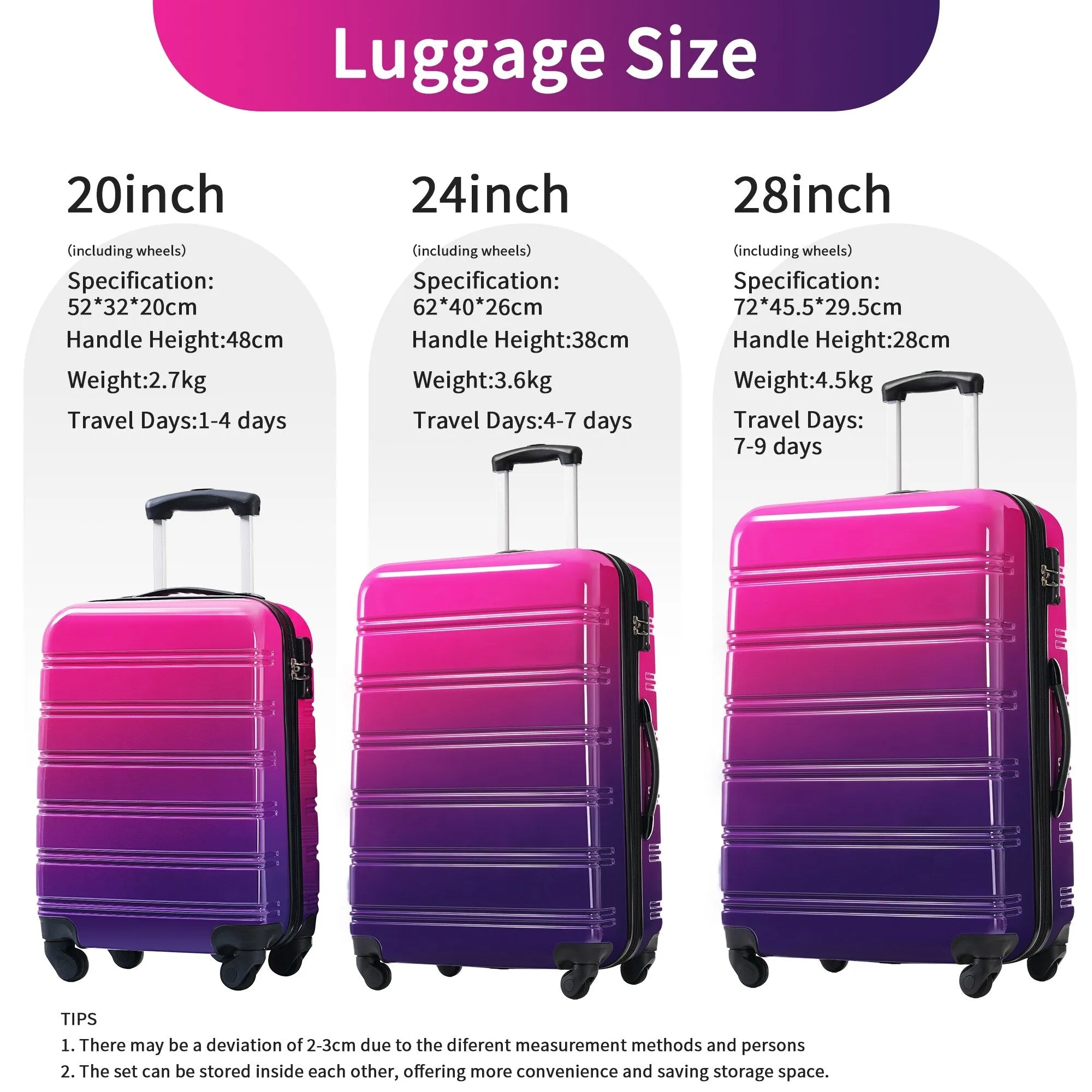 Hardshell Luggage Sets with Silicone Handles and TSA Lock, 3 Piece Gradient Color Expandable Suitcase with Spinner Wheels