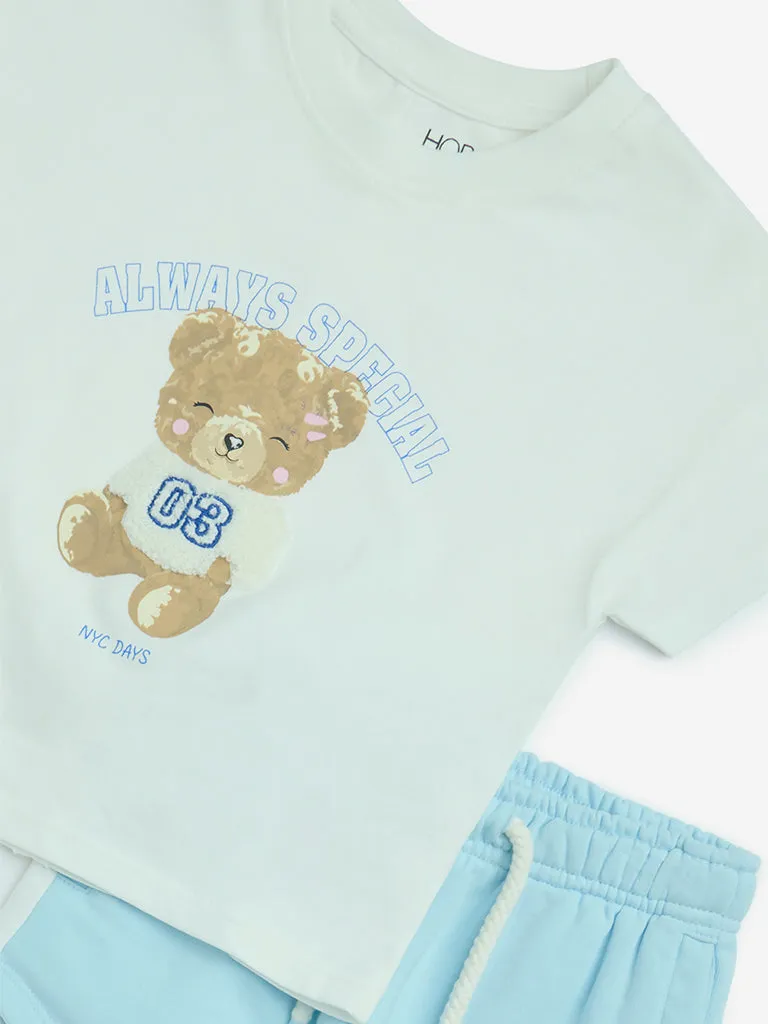HOP Kids Light Blue Cotton-Blend T-Shirt and Shorts Set