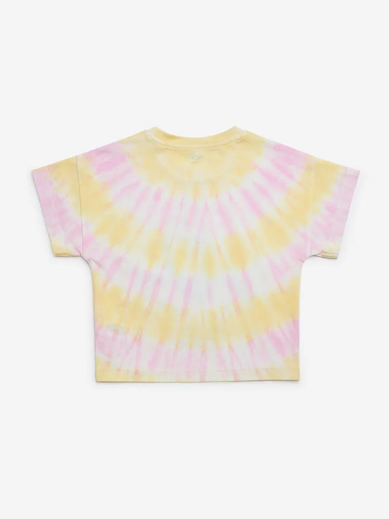 HOP Kids Yellow Embellished Tie-Dye Cotton T-Shirt