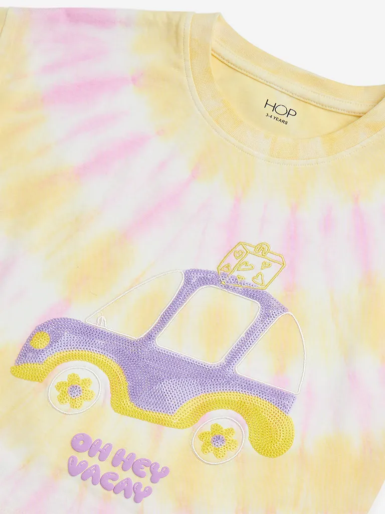 HOP Kids Yellow Embellished Tie-Dye Cotton T-Shirt