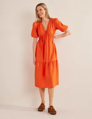 Jersey Seersucker Midi Dress-Vermillion Red