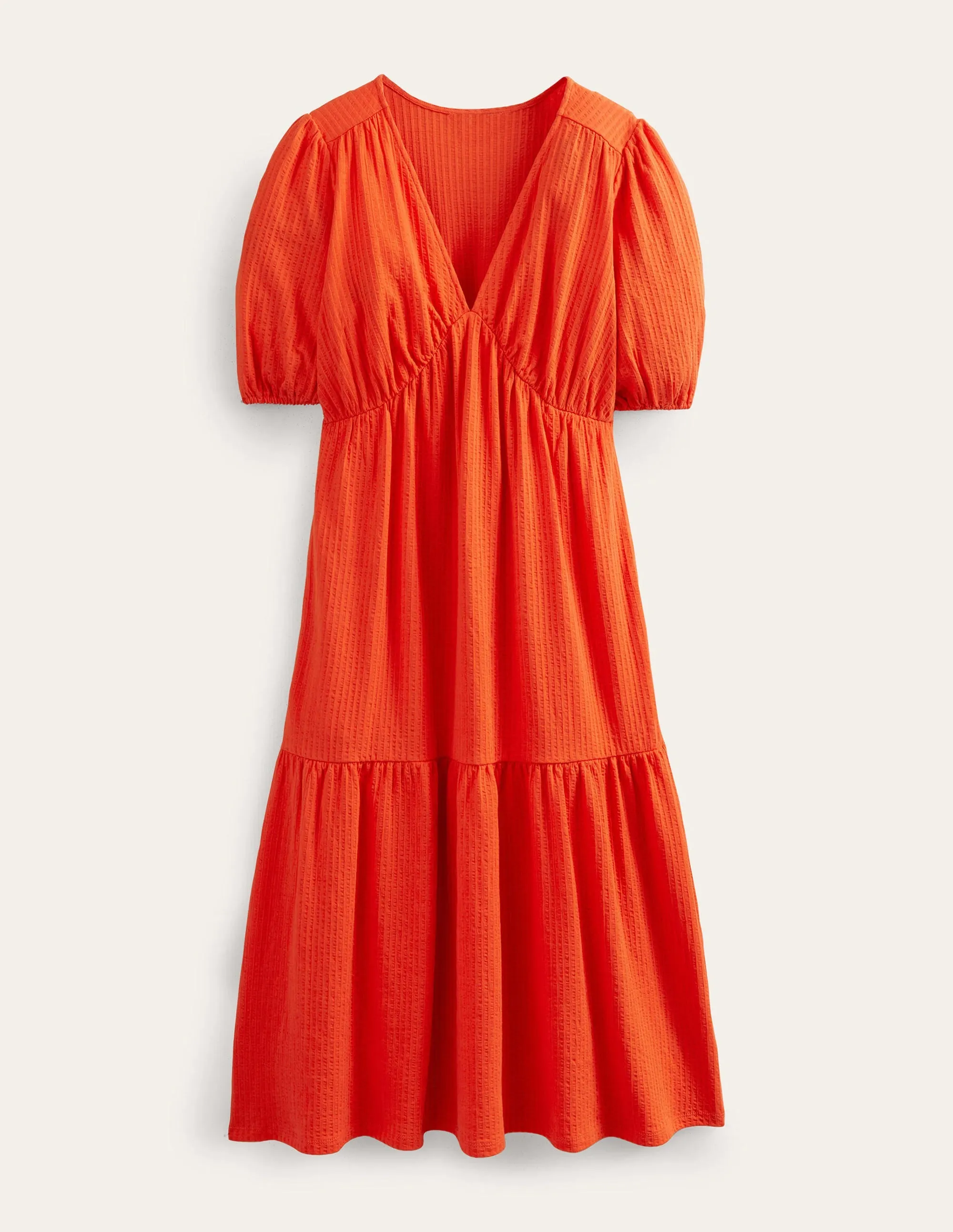 Jersey Seersucker Midi Dress-Vermillion Red