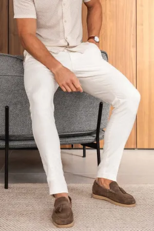 Linen Blend Cropped Pleated Pants in Chalk